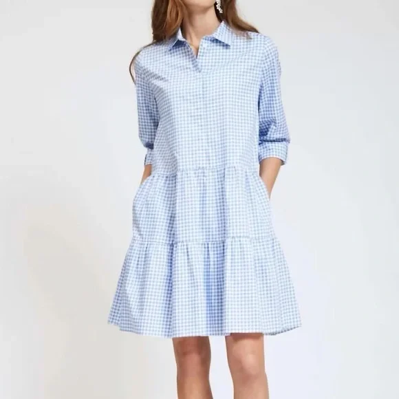 Tyler Boe Hannah Blue & White Gingham Tiered Mini Dress - Picture 1 of 7